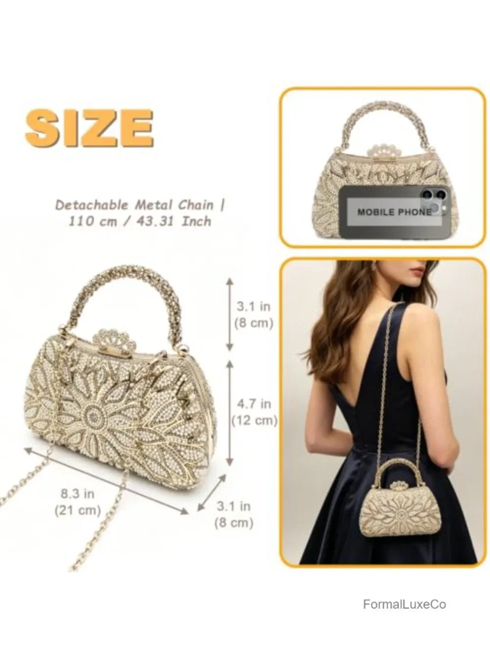 Floral Rhinestone Pearl Clutch with Detachable Chain Formal Evening Bag